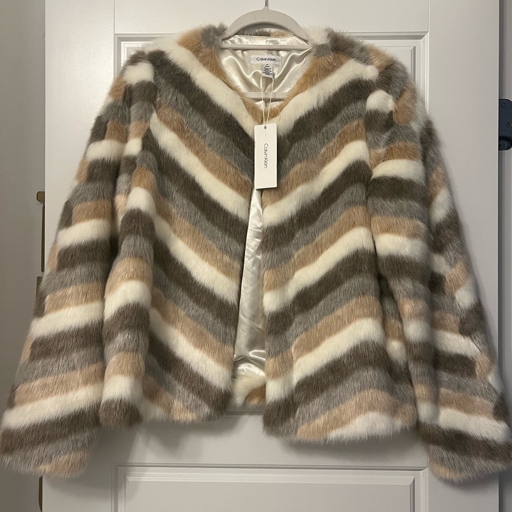 Calvin Klein Multicolor Faux Fur Coat NWT